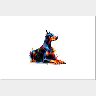 Elegant Doberman Pinscher in Colorful Splash Art Style Posters and Art